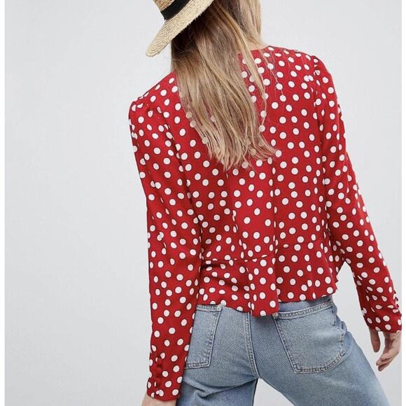 ASOS Design Polka Dot Cropped Top Womens Size 6 Red White Tie Front Blouse - Picture 7 of 11